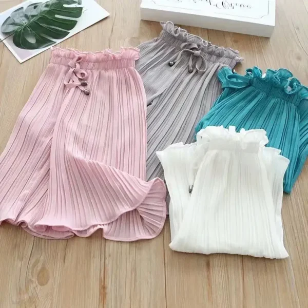 Childen's Girls Summer Ice Silk Wide Leg Pants Baby Fashion Lace Chiffon Waist Flare Trousers Kids Girl Loose Buttom Clothes - Image 2