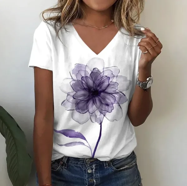 Summer Women Short Sleeve V-neck Loose T Shirt for Women White Fashion Ladies T-shirt 3d Centered Flowe Print Top Casual Clothes - Image 2