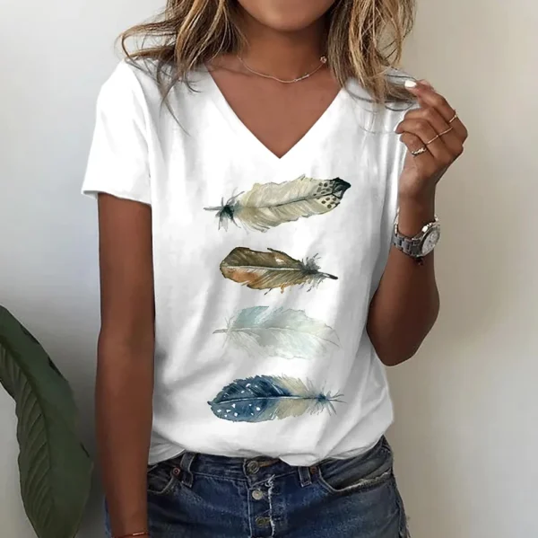3d Women's T-shirts V Neck Summer Short Sleeve Tops Tees Feather Graphics Ladies Clothes Oversized Female Fashion Y2k Streetwear - Image 25