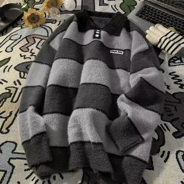 Men Loose Sweater Men's Women's Winter Sweaters Warm Knit Tops With Loose Fit Striped Print Pullover Lazy Style Couple Clothes