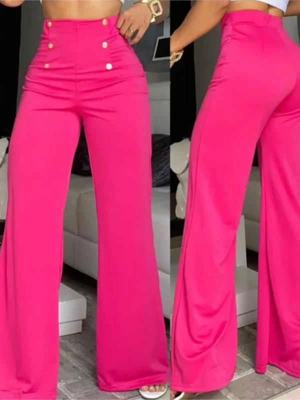 Women's Pants Summer White High Waist Button Decor Wide Leg Pants For Women Elegant Office Ladies Black Trousers Women Clothes - Image 2