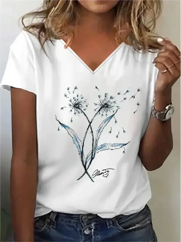 Summer Women Short Sleeve V-neck Loose T Shirt for Women White Fashion Ladies T-shirt 3d Centered Flowe Print Top Casual Clothes - Image 5