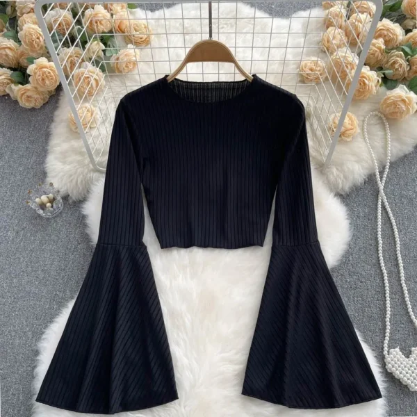 Hotsweet Elegance Casual Fashion Flared Sleeve Short O-neck Slim T-shirt And Blouses Top Summer Autumn Clothes For Woman Basics - Image 3