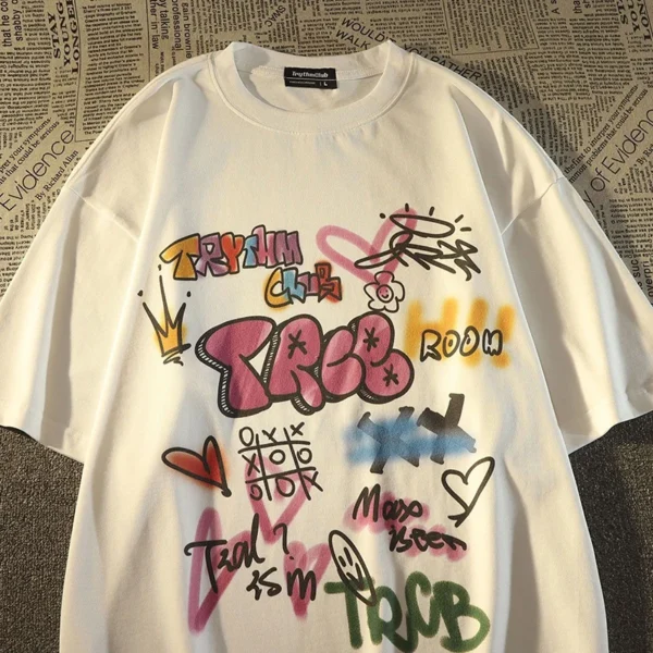 Women Vintage doodle  Oversized Short Sleeve Shirt Man Summer Hip Hop T-shirt Streetwear Lady Clothes Loose Letter Printing Top