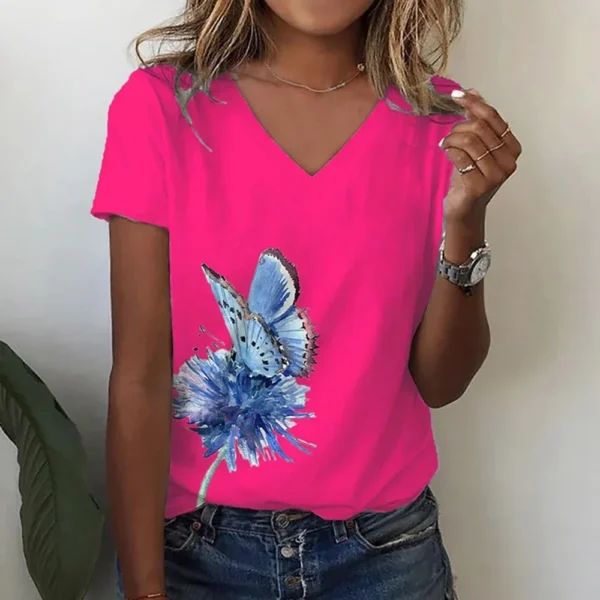 Summer Women Short Sleeve V-neck Loose T Shirt for Women White Fashion Ladies T-shirt 3d Centered Flowe Print Top Casual Clothes - Image 20