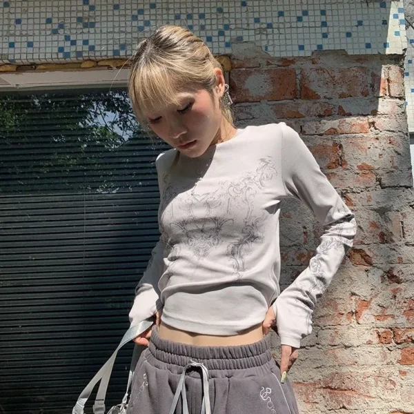 Vintage Women Clothes Y2K T-shirts 2022 Blusas O-neck Long Sleeve Print Tunic Grunge Woman Clothing Fashion Casual Crop Tops EMO - Image 4