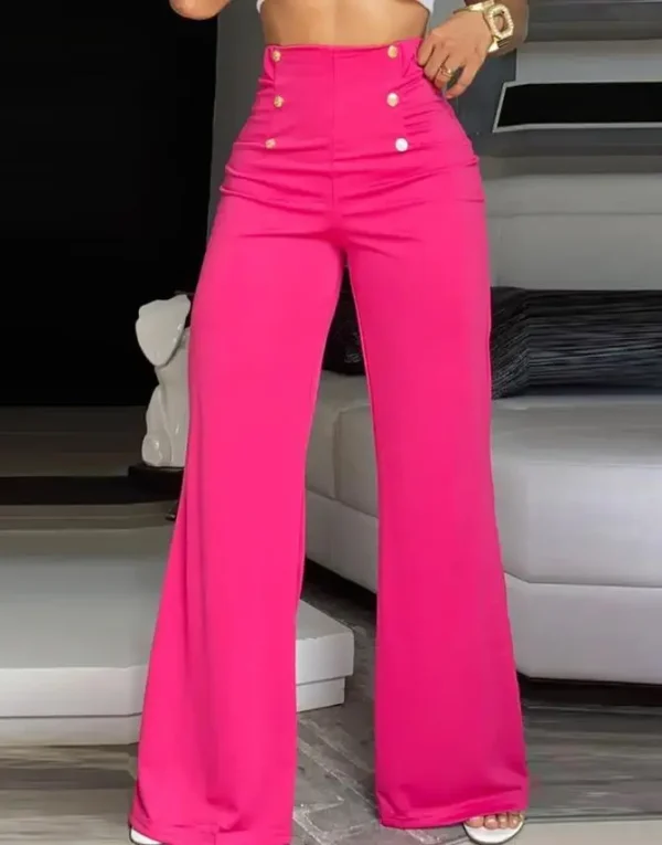Women's Pants Summer White High Waist Button Decor Wide Leg Pants For Women Elegant Office Ladies Black Trousers Women Clothes - Image 7