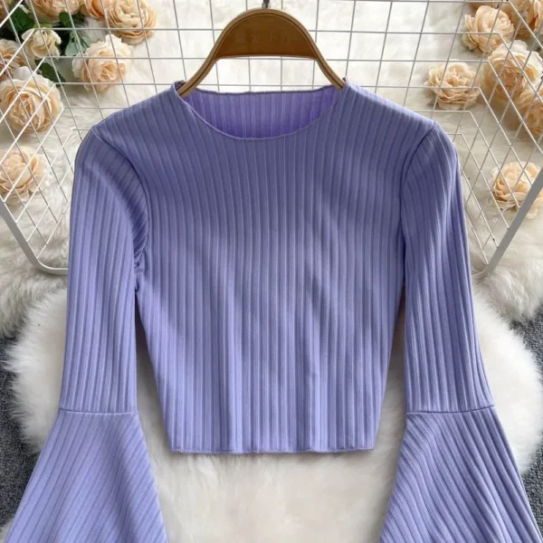 Hotsweet Elegance Casual Fashion Flared Sleeve Short O-neck Slim T-shirt And Blouses Top Summer Autumn Clothes For Woman Basics - Image 4