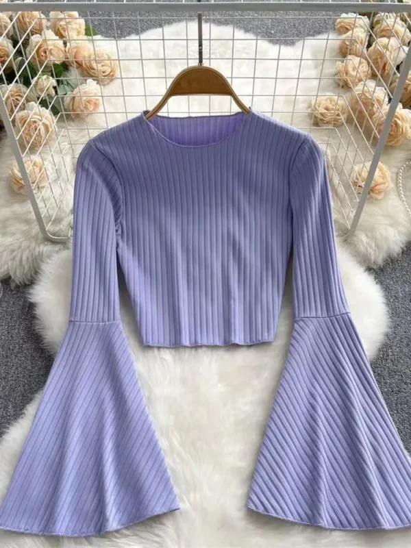 Hotsweet Elegance Casual Fashion Flared Sleeve Short O-neck Slim T-shirt And Blouses Top Summer Autumn Clothes For Woman Basics