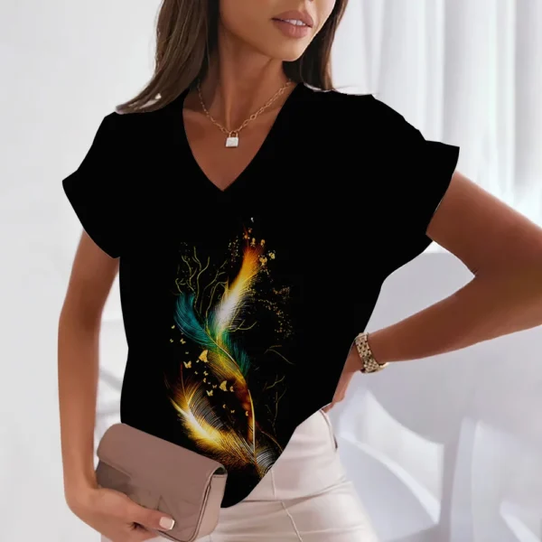 3d Women's T-shirts V Neck Summer Short Sleeve Tops Tees Feather Graphics Ladies Clothes Oversized Female Fashion Y2k Streetwear - Image 28