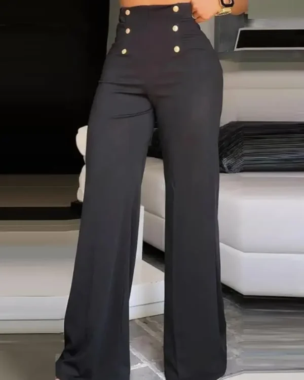 Women's Pants Summer White High Waist Button Decor Wide Leg Pants For Women Elegant Office Ladies Black Trousers Women Clothes - Image 9