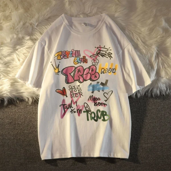 Women Vintage doodle  Oversized Short Sleeve Shirt Man Summer Hip Hop T-shirt Streetwear Lady Clothes Loose Letter Printing Top - Image 6
