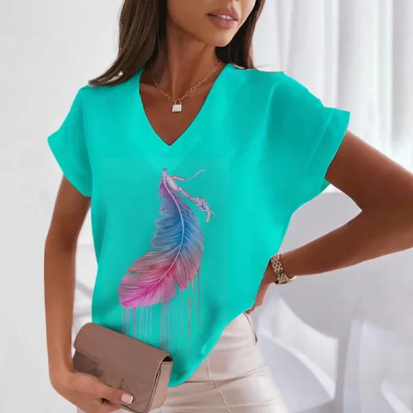 3d Women's T-shirts V Neck Summer Short Sleeve Tops Tees Feather Graphics Ladies Clothes Oversized Female Fashion Y2k Streetwear - Image 19
