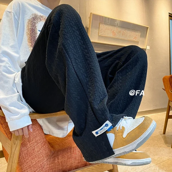 Men High Street Sweatpants Fashion Loose Casual Side Slit Straight-Leg Pants Vintage Blue Jacquard Casual Bottoms Male Clothes - Image 2
