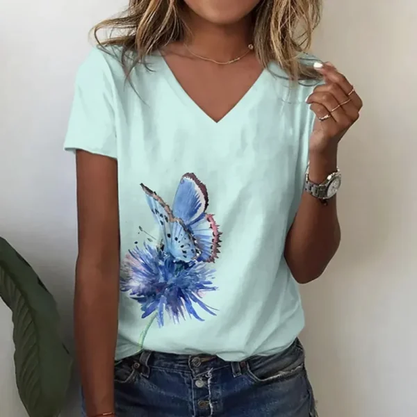 Summer Women Short Sleeve V-neck Loose T Shirt for Women White Fashion Ladies T-shirt 3d Centered Flowe Print Top Casual Clothes - Image 12
