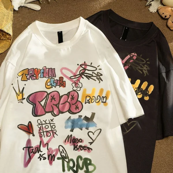 Women Vintage doodle  Oversized Short Sleeve Shirt Man Summer Hip Hop T-shirt Streetwear Lady Clothes Loose Letter Printing Top - Image 4