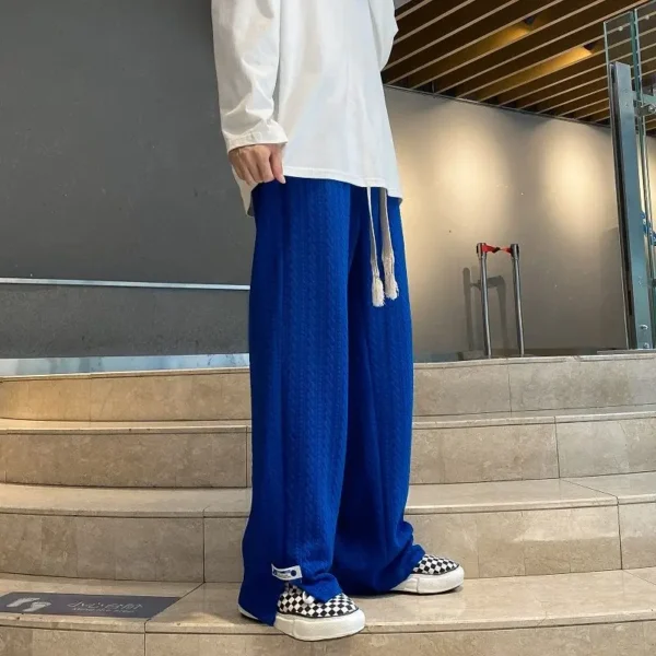 Men High Street Sweatpants Fashion Loose Casual Side Slit Straight-Leg Pants Vintage Blue Jacquard Casual Bottoms Male Clothes - Image 5