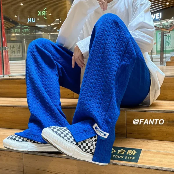 Men High Street Sweatpants Fashion Loose Casual Side Slit Straight-Leg Pants Vintage Blue Jacquard Casual Bottoms Male Clothes - Image 7