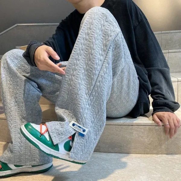 Men High Street Sweatpants Fashion Loose Casual Side Slit Straight-Leg Pants Vintage Blue Jacquard Casual Bottoms Male Clothes - Image 9