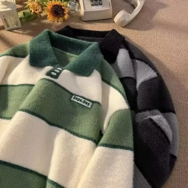 Men Loose Sweater Men's Women's Winter Sweaters Warm Knit Tops With Loose Fit Striped Print Pullover Lazy Style Couple Clothes - Image 3