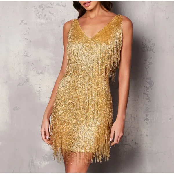 2023 New Sexy Tassel Sequins Feather Mini Dress Women Spaghetti Strap Stitching Dresses Female Elegant Evening Party Club Dress - Image 4