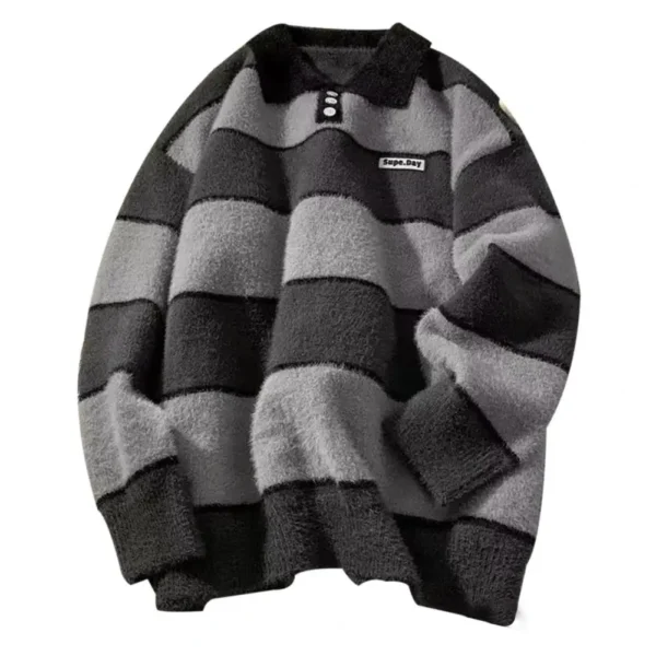 Men Loose Sweater Men's Women's Winter Sweaters Warm Knit Tops With Loose Fit Striped Print Pullover Lazy Style Couple Clothes - Image 7