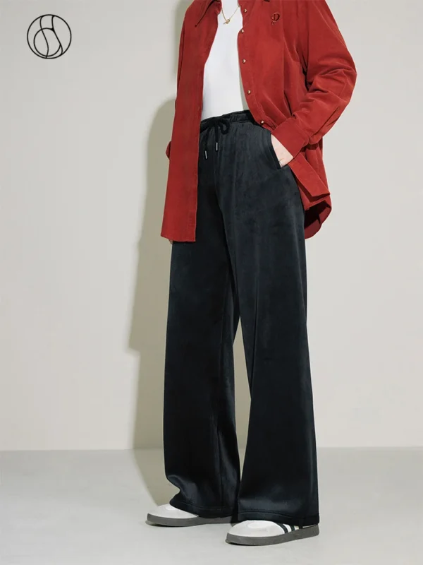 DUSHU 【2 Colors】Women Winter Thicken Casual Beige Full Length Warm Trousers Waist Drawstring Design Female Black Commuter Pant