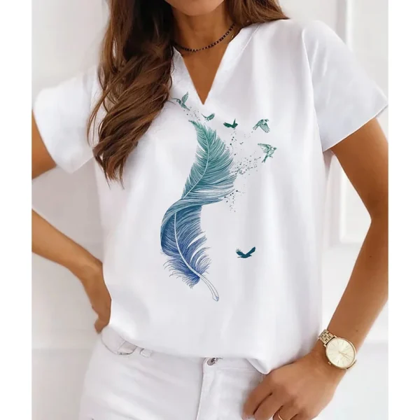 3d Women's T-shirts V Neck Summer Short Sleeve Tops Tees Feather Graphics Ladies Clothes Oversized Female Fashion Y2k Streetwear - Image 24