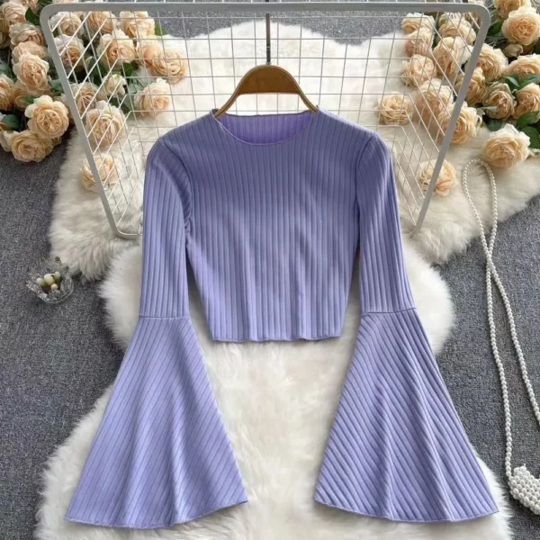 Hotsweet Elegance Casual Fashion Flared Sleeve Short O-neck Slim T-shirt And Blouses Top Summer Autumn Clothes For Woman Basics - Image 7