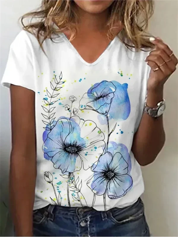 Summer Women Short Sleeve V-neck Loose T Shirt for Women White Fashion Ladies T-shirt 3d Centered Flowe Print Top Casual Clothes - Image 6