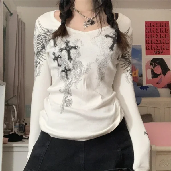 2000s Aesthetic T Shirt Graphic Cross Wings Print Long Sleeve Tops y2k Women Clothes Fairycore Grunge Tee Streetwear - Image 3