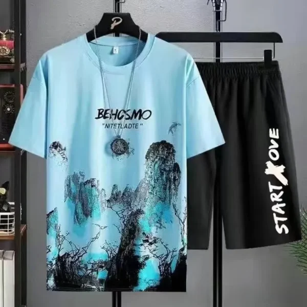 Summer Casual Set Men Thin Quick Dry Short Sleeve T-shirt Youth Home Clothes Sports Shorts Two-piece Set - Image 3