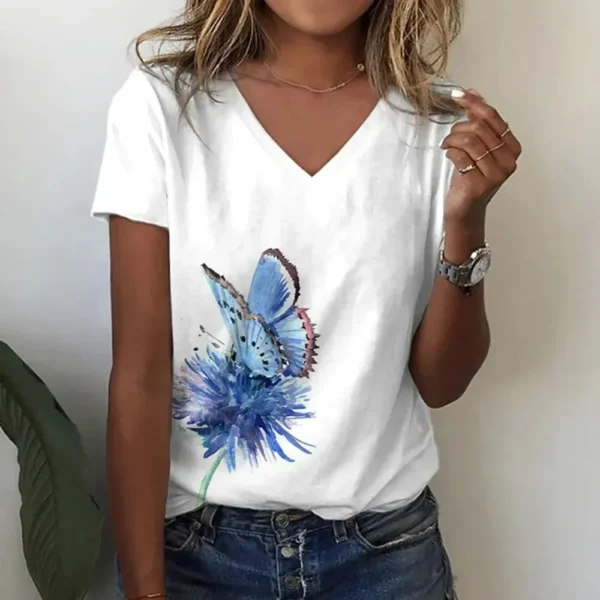Summer Women Short Sleeve V-neck Loose T Shirt for Women White Fashion Ladies T-shirt 3d Centered Flowe Print Top Casual Clothes - Image 13