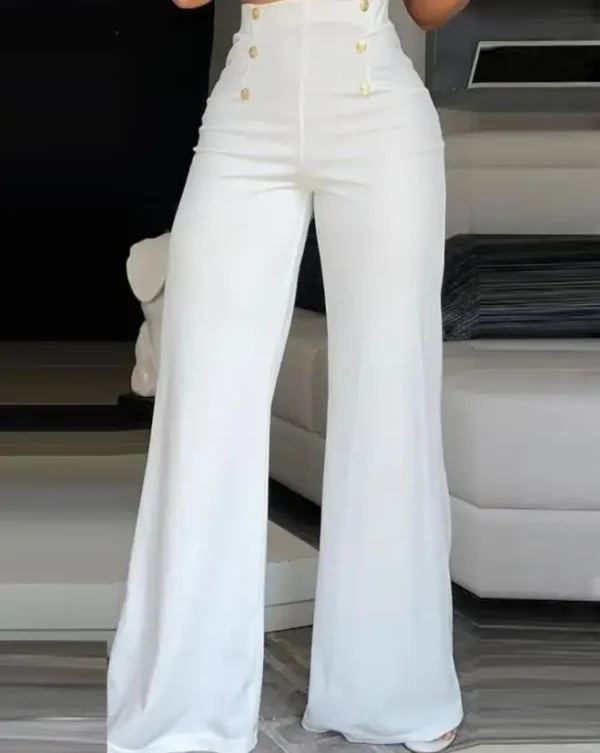 Women's Pants Summer White High Waist Button Decor Wide Leg Pants For Women Elegant Office Ladies Black Trousers Women Clothes - Image 8