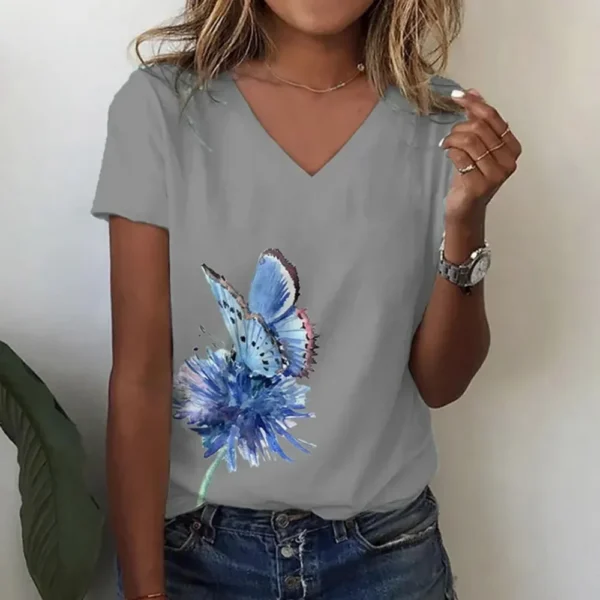 Summer Women Short Sleeve V-neck Loose T Shirt for Women White Fashion Ladies T-shirt 3d Centered Flowe Print Top Casual Clothes - Image 10