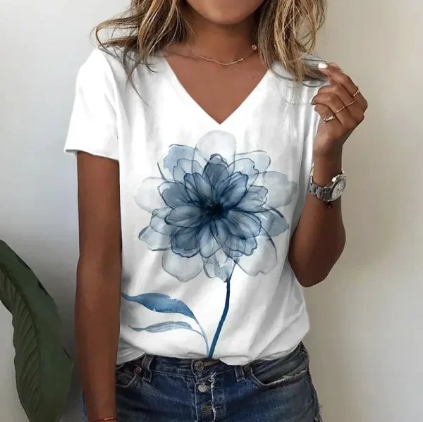 Summer Women Short Sleeve V-neck Loose T Shirt for Women White Fashion Ladies T-shirt 3d Centered Flowe Print Top Casual Clothes - Image 4