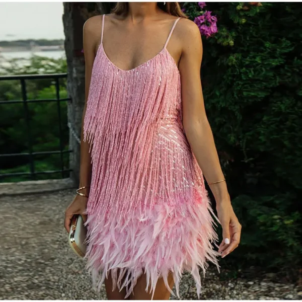 2023 New Sexy Tassel Sequins Feather Mini Dress Women Spaghetti Strap Stitching Dresses Female Elegant Evening Party Club Dress - Image 2