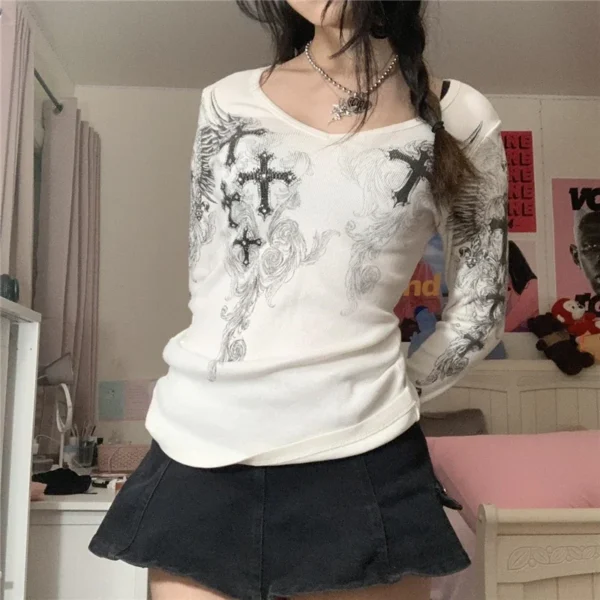2000s Aesthetic T Shirt Graphic Cross Wings Print Long Sleeve Tops y2k Women Clothes Fairycore Grunge Tee Streetwear - Image 2