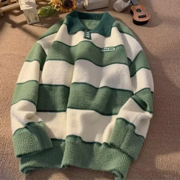 Men Loose Sweater Men's Women's Winter Sweaters Warm Knit Tops With Loose Fit Striped Print Pullover Lazy Style Couple Clothes - Image 5