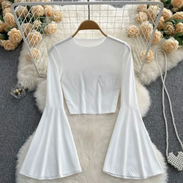 Hotsweet Elegance Casual Fashion Flared Sleeve Short O-neck Slim T-shirt And Blouses Top Summer Autumn Clothes For Woman Basics - Image 8