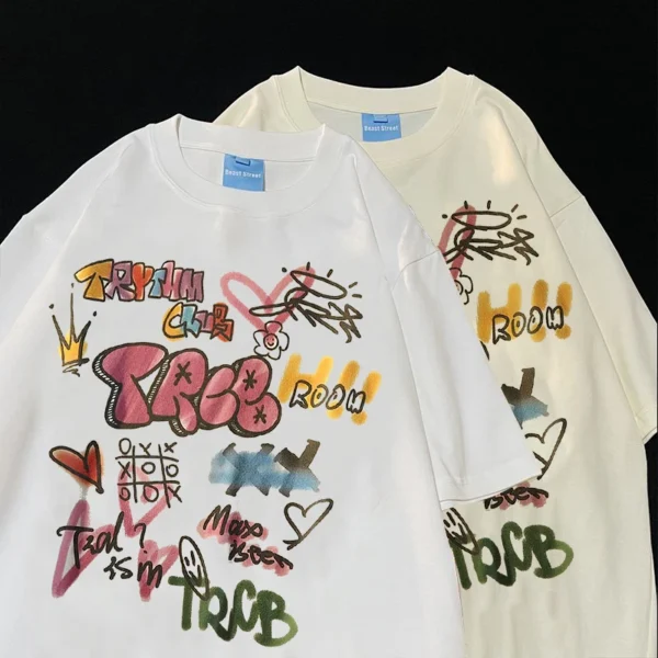 Women Vintage doodle  Oversized Short Sleeve Shirt Man Summer Hip Hop T-shirt Streetwear Lady Clothes Loose Letter Printing Top - Image 3