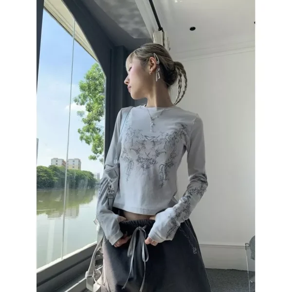Vintage Women Clothes Y2K T-shirts 2022 Blusas O-neck Long Sleeve Print Tunic Grunge Woman Clothing Fashion Casual Crop Tops EMO - Image 8