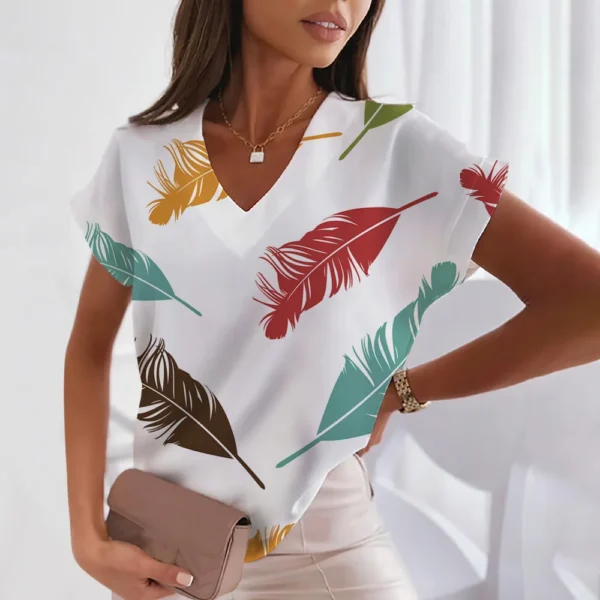 3d Women's T-shirts V Neck Summer Short Sleeve Tops Tees Feather Graphics Ladies Clothes Oversized Female Fashion Y2k Streetwear - Image 16