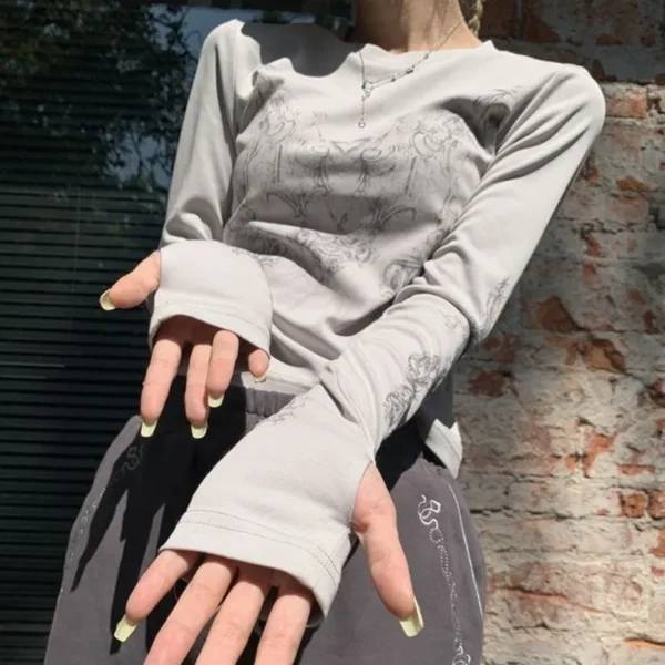 Vintage Women Clothes Y2K T-shirts 2022 Blusas O-neck Long Sleeve Print Tunic Grunge Woman Clothing Fashion Casual Crop Tops EMO - Image 2