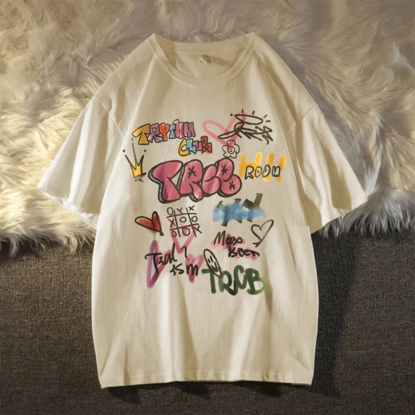 Women Vintage doodle  Oversized Short Sleeve Shirt Man Summer Hip Hop T-shirt Streetwear Lady Clothes Loose Letter Printing Top - Image 7