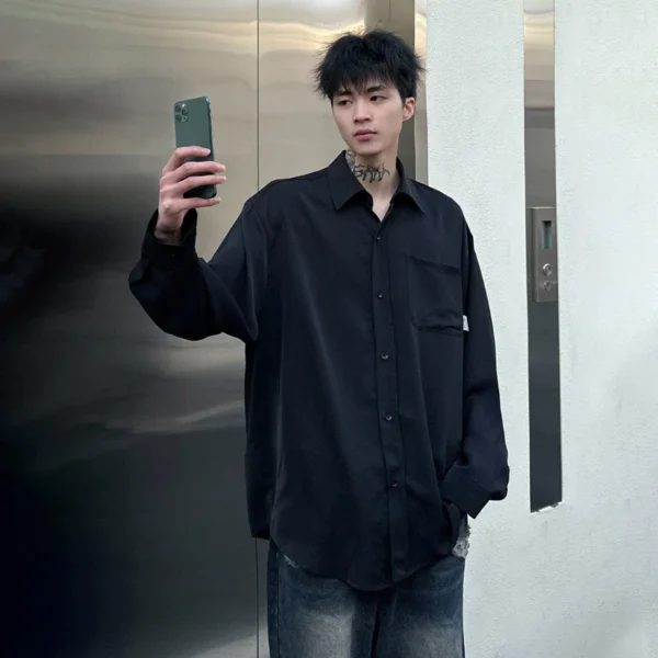 TFETTERS Brand Japan Shirts for Men 2024 Spring Summer Baggy Turn Down Collar Plain Shirt for Couples Minimalist Male Clothes - Image 2