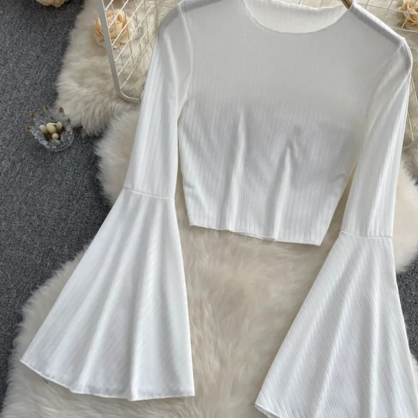 Hotsweet Elegance Casual Fashion Flared Sleeve Short O-neck Slim T-shirt And Blouses Top Summer Autumn Clothes For Woman Basics - Image 5