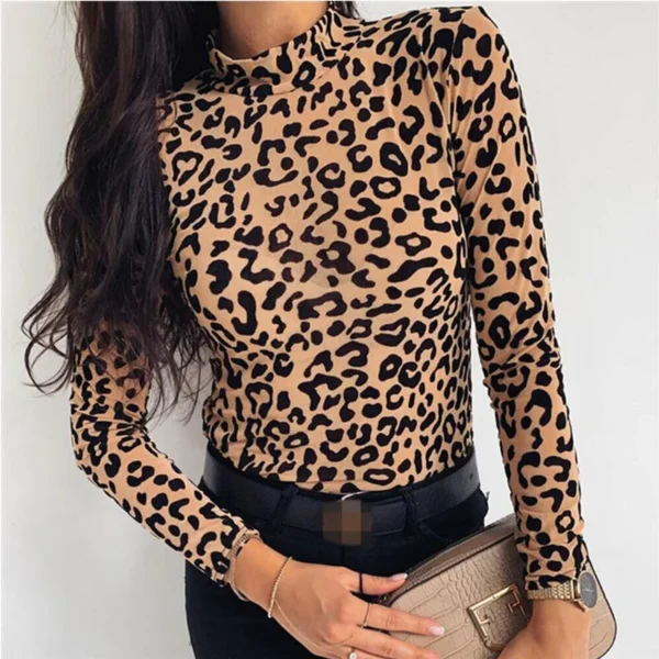 Women Blouses Fashion Leopard Print Turtle Neck Blouse Autumn Long Sleeve Shirts Party Ladies Clothes Womens Blouses And Tops - Image 6