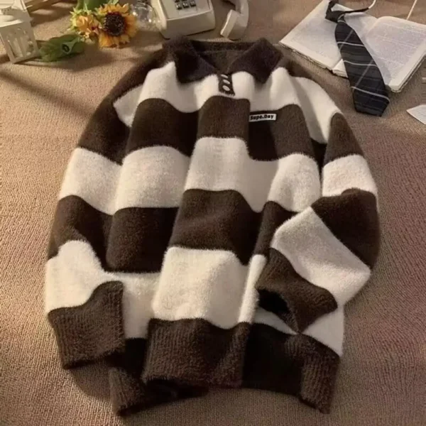Men Loose Sweater Men's Women's Winter Sweaters Warm Knit Tops With Loose Fit Striped Print Pullover Lazy Style Couple Clothes - Image 4