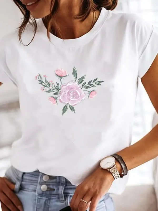 New Round-Necked T-Shirt Flower Print Short-Sleeved Summer Fresh Short-Sleeved Shirt Breathable Girls Fashion Clothes